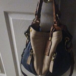 Canvas and Leather Two-Tone Crossbody Bag - Navy and Tan